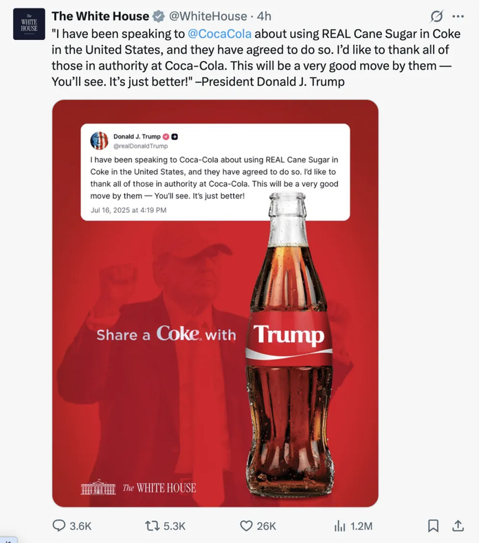 白宫社交媒体账号转发特朗普关于让在美销售可口可乐使用蔗糖帖文的截图。