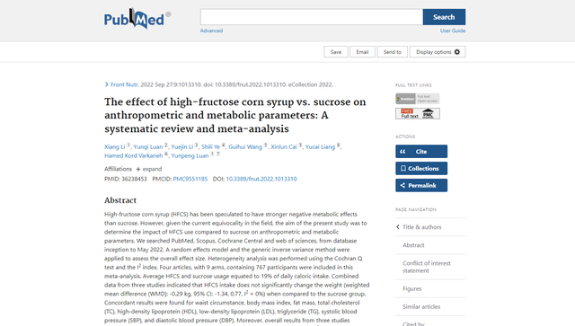 △2022年一分析表明，蔗糖与高果糖玉米糖浆对体重、腰围、BMI（身体质量指数）等指标的影响相似。