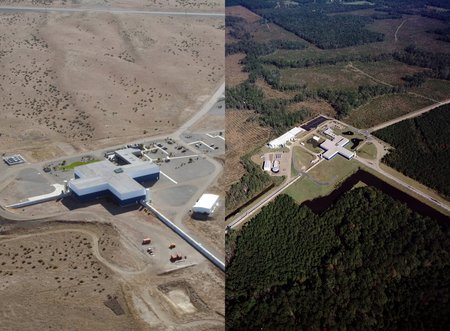 图丨位于华盛顿州汉福德（左）和路易斯安那州利文斯顿的 LIGO 双探测器（来源：LIGO）