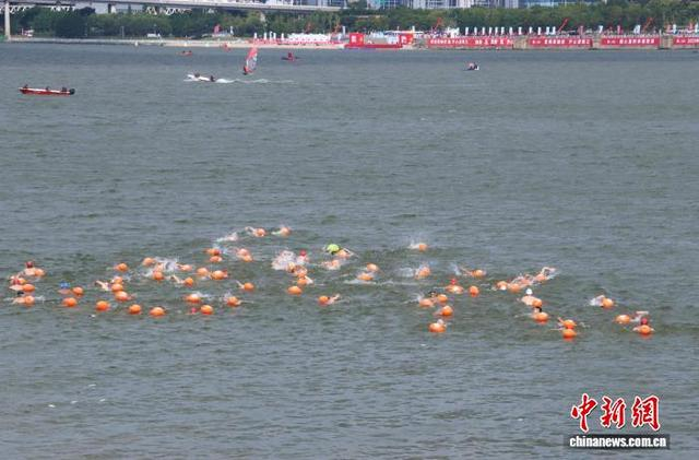 参加活动的游泳爱好者们横渡赣江。熊锦阳 摄 