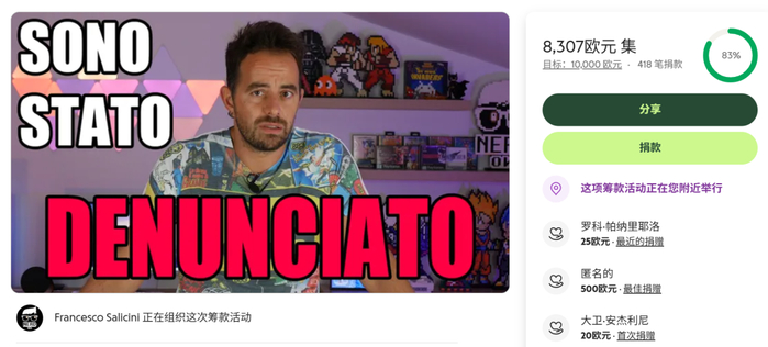截至完稿时，Salicini所获捐款已超过8300欧元