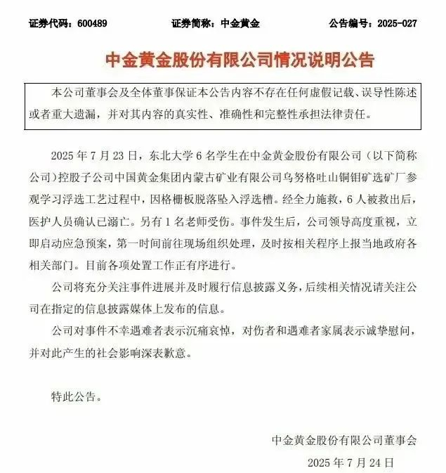中金黄金发布的通告