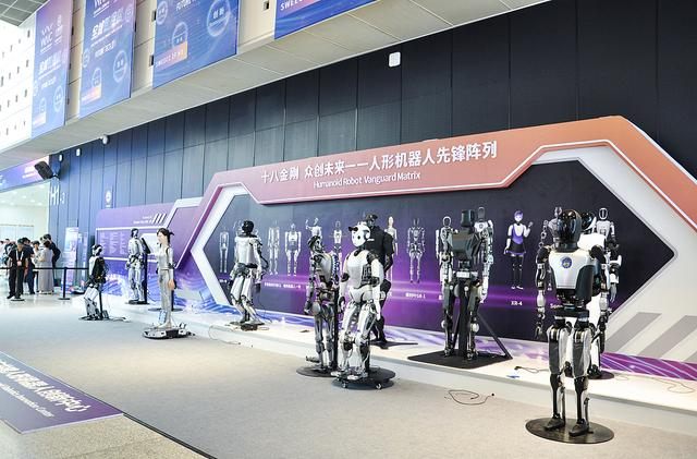 2024年7月6日，上海，2024世界人工智能大会上，人形机器人“十八金刚”列队迎宾吸引观众。视觉中国 资料图