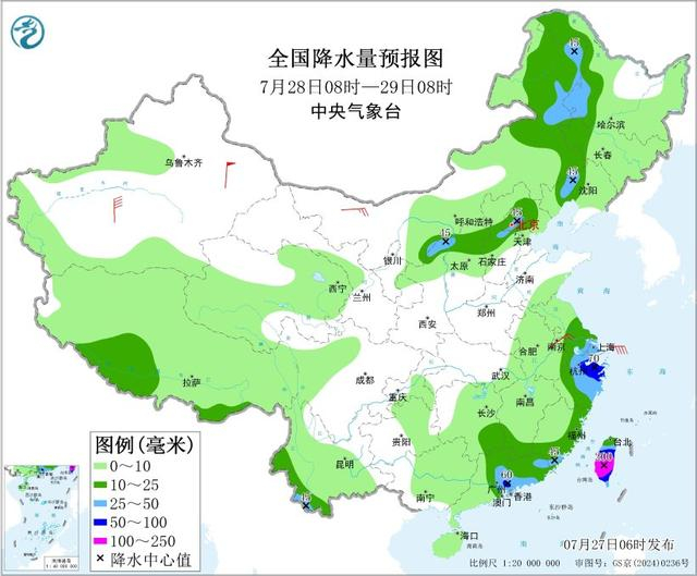 图3 全国降水量预报图（7月28日08时-29日08时）