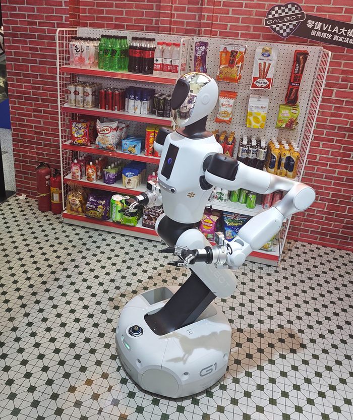 银河通用Galbot正把从货架上抓取的饮料递给观众。 观察者网