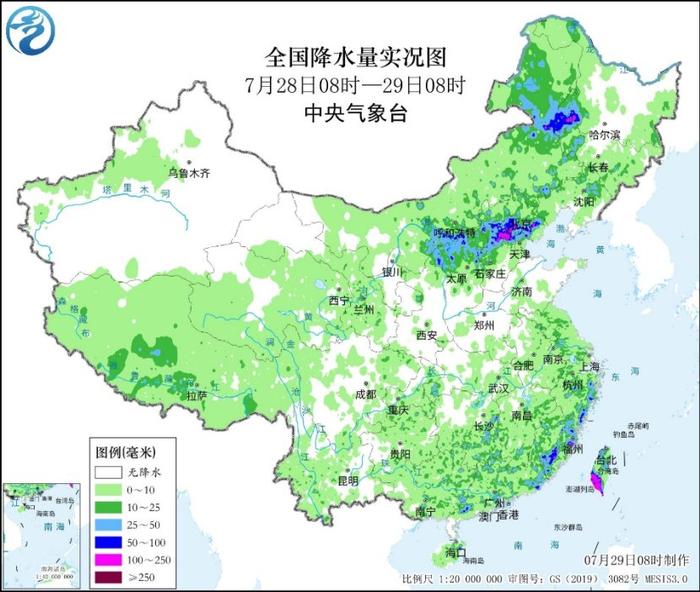 7月28日8时至29日8时全国降水量实况图。图源:中央气象台