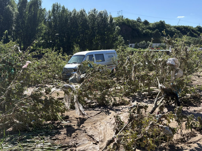 被洪水冲到田地中的汽车