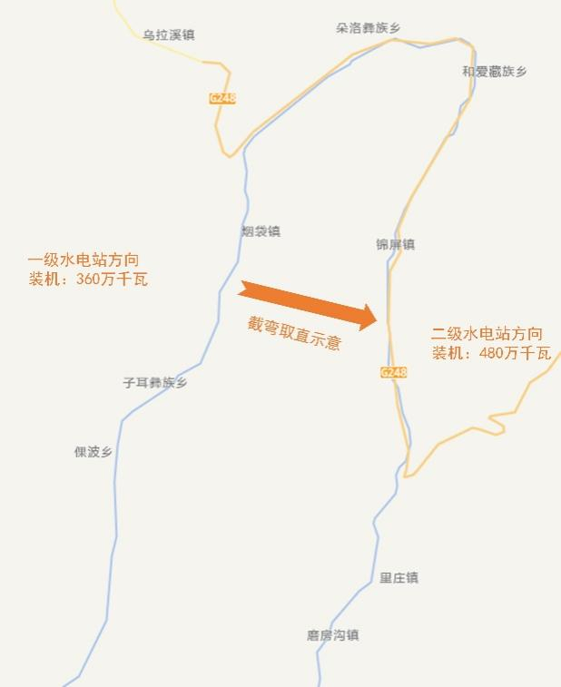 锦屏大河湾及截弯取直示意图（修改自中国自然资源部天地图，审图号：GS（2025）1508号）