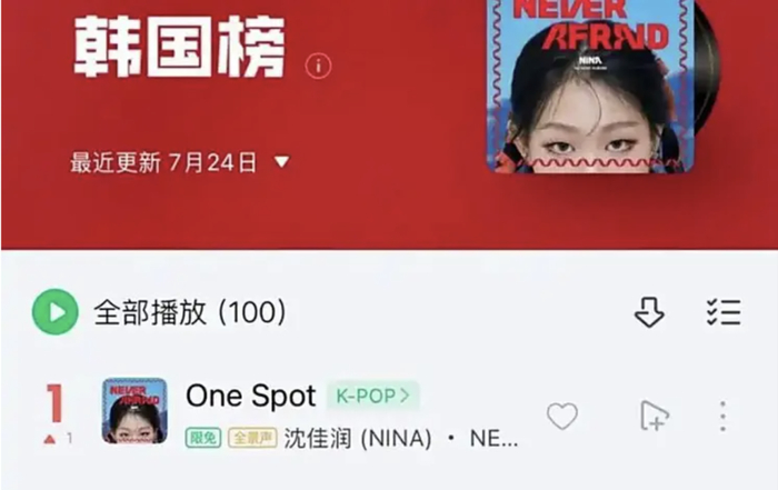 ▲7月25日，《onespot》登顶QQ音乐韩国榜。