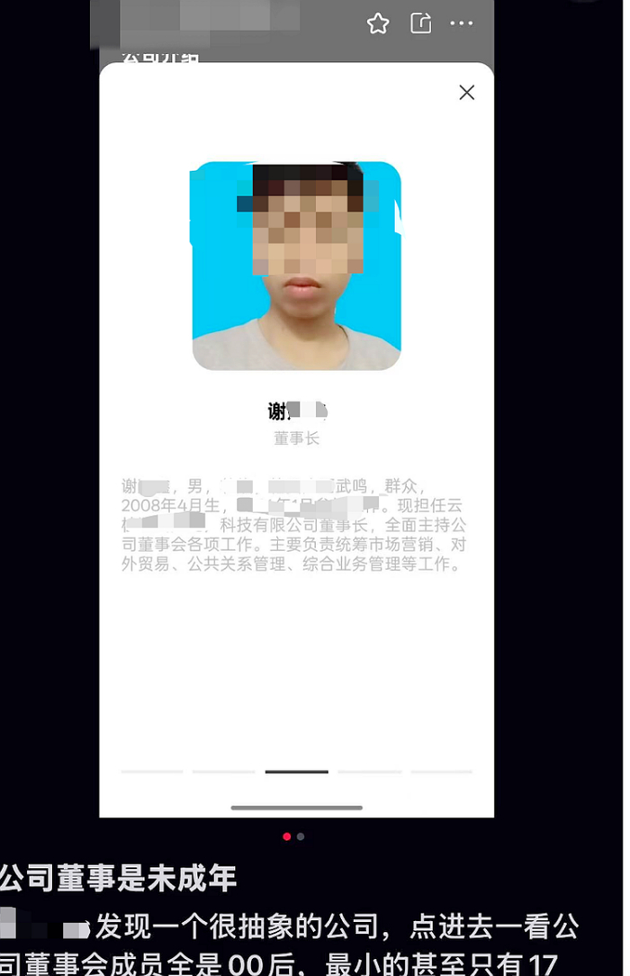 网民发帖称有人17岁就当了企业董事长。 图源上游新闻