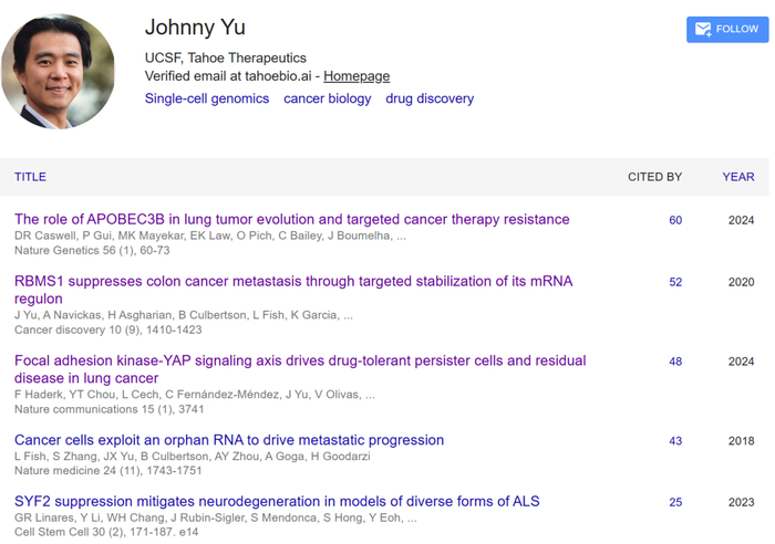 图 | Johnny Yu 的谷歌学术首页（来源：谷歌学术）