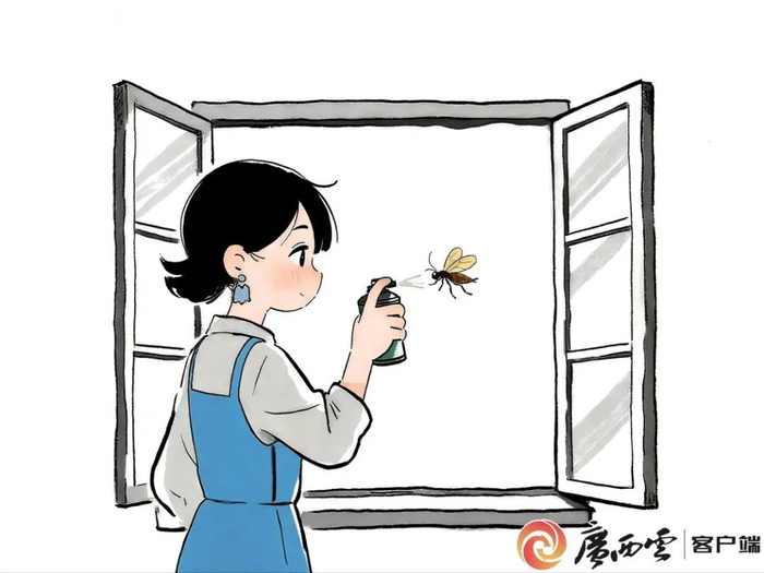 ▲喷驱蚊剂防蚊。广西云-广西日报记者 古秀芳绘制