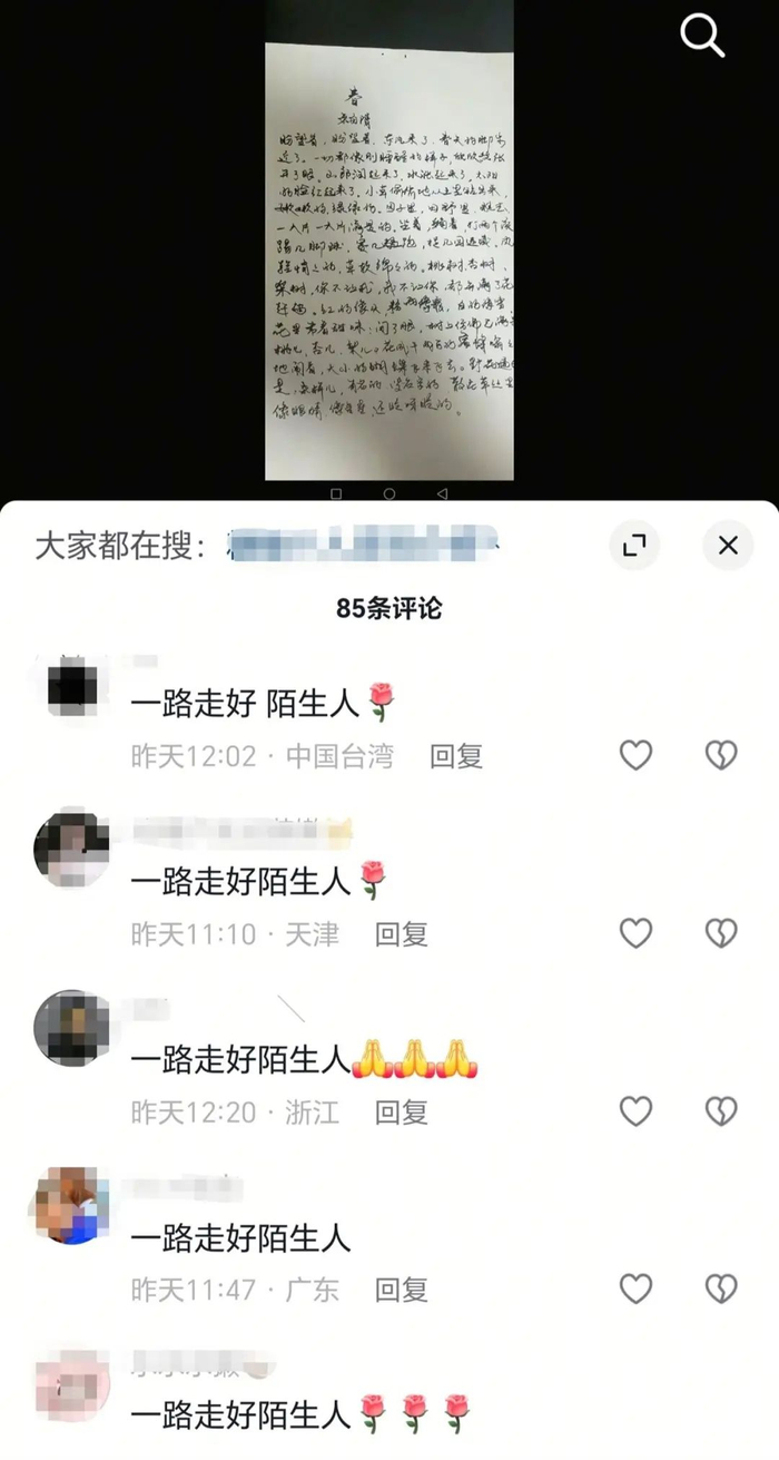 网友在糖糖最后一条视频下留言（来源：糖糖个人账号）