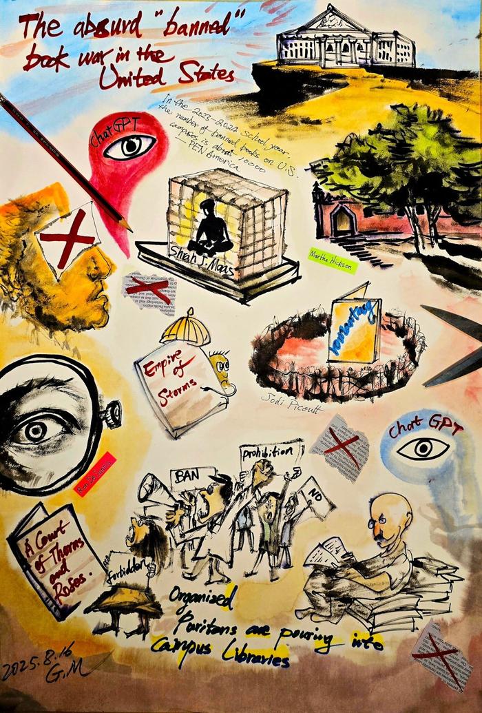 图2 美国校园荒唐的“禁”书大战 纸本 彩墨、拼贴 65cm X 45cm 李公明 作 2025年8月16日