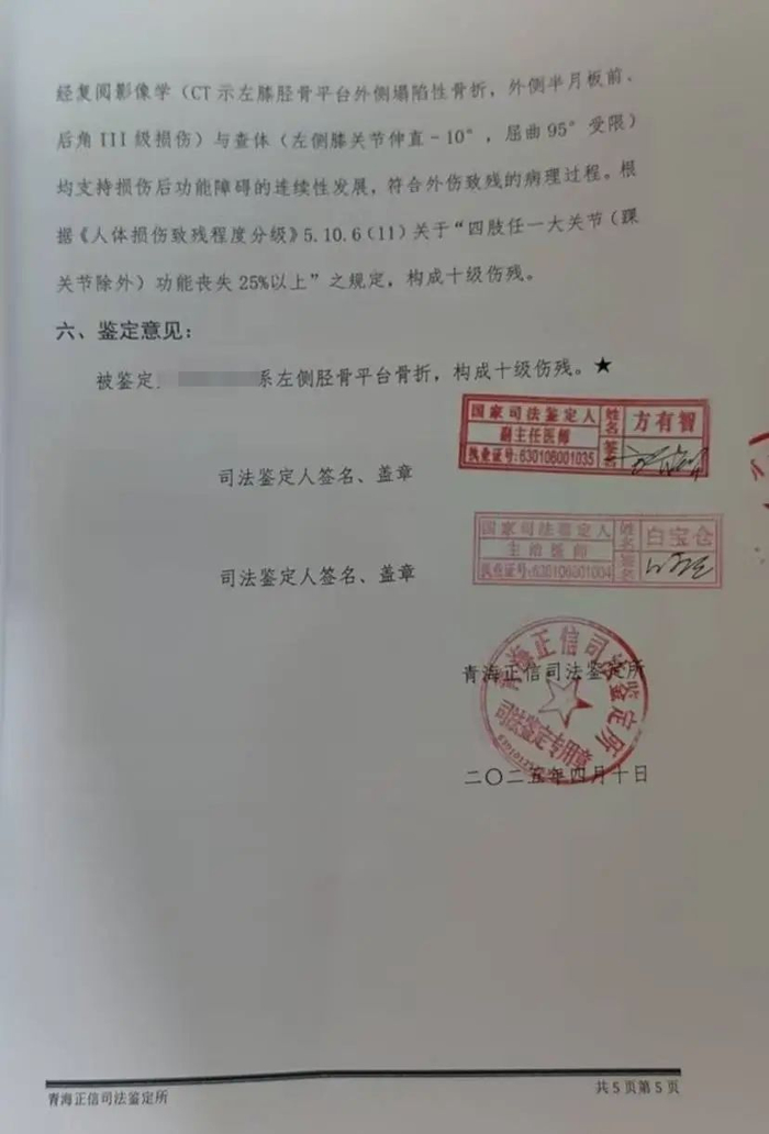 马先生的司法鉴定报告（受访者供图）