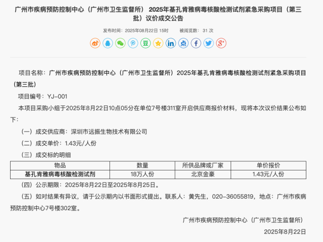 广州疾控发布的基孔肯雅病毒核酸检测试剂采购项目成交公告