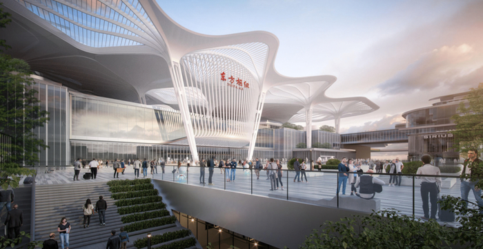 正在建设中的“东方枢纽”上海东站设计效果图。上海市交通委供图