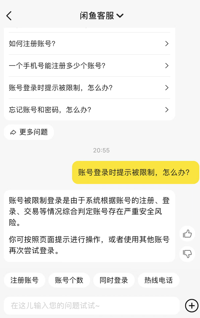 用户向闲鱼客服咨询截图，图片由投诉者提供