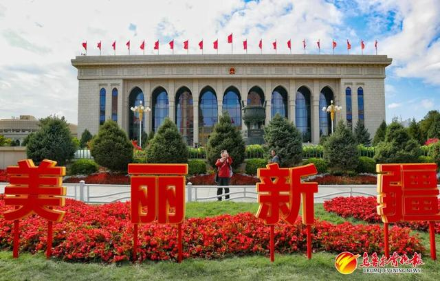 市民在友好北路打造的绿化景观前打卡拍照。
