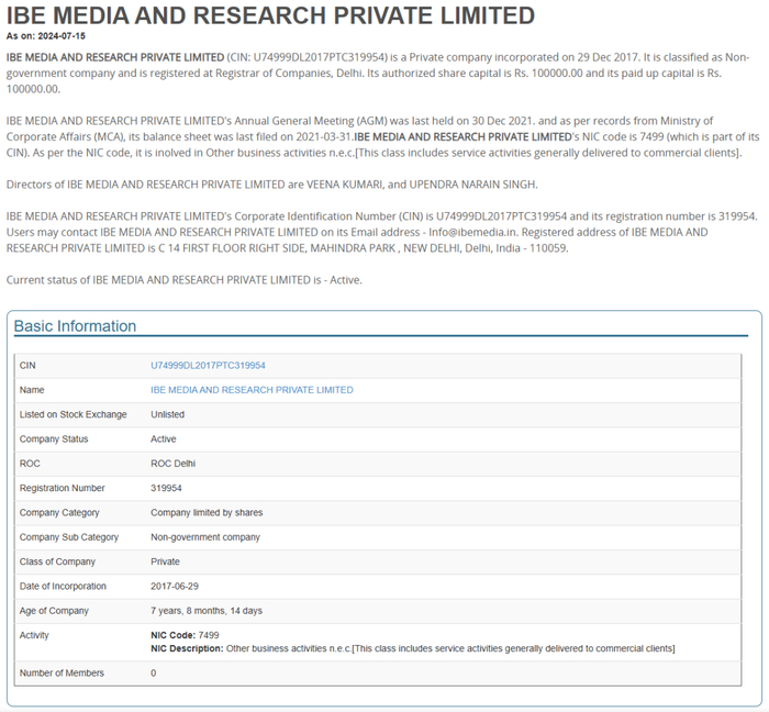 Zauba Corp网站关于IBE Media公司的相关信息截图。
