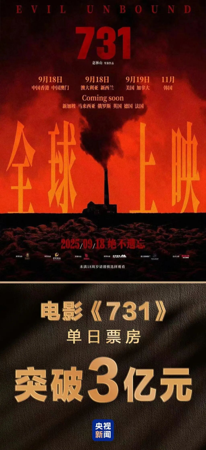 《731》上映首日票房破3亿