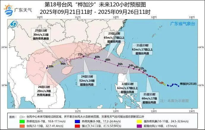 广东省气象台9月21日11时对台风“桦加沙”的路径和强度预报