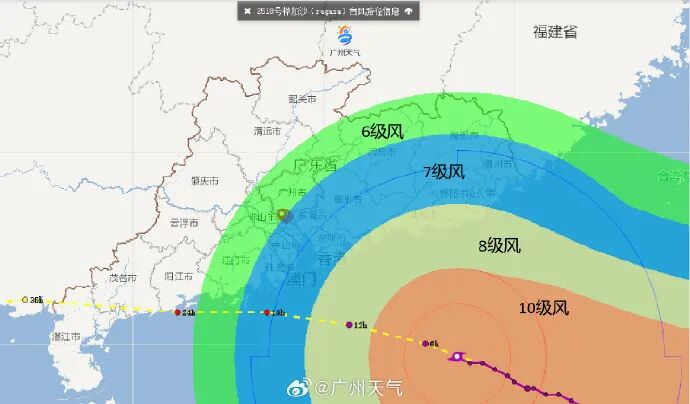 台风“桦加沙”风圈示意图 图/新浪微博@广州天气
