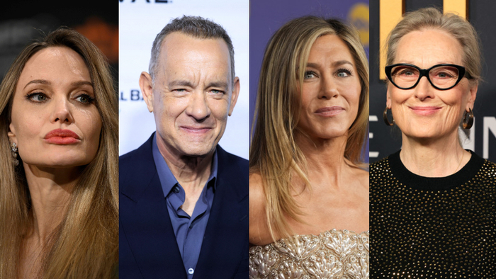 拼版图片，从左至右分别是美国演艺界人士安吉丽娜·朱莉、汤姆·汉克斯、詹妮弗·安妮斯顿、梅丽尔·斯特里普。