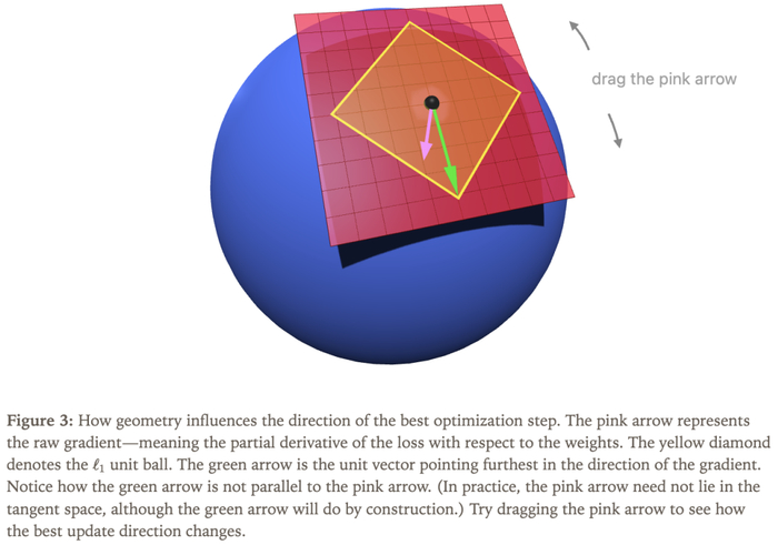 图3中，粉色箭头表示原始梯度——即损失函数对权重的偏导数（partial derivative）。