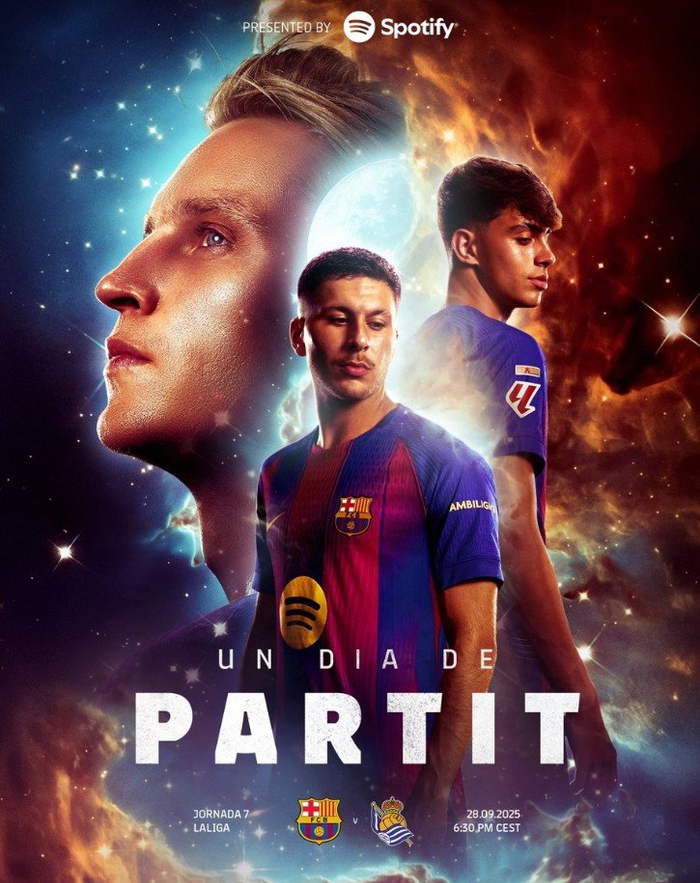 巴萨官方也发布海报为本场比赛预热,德容,巴德吉等出镜