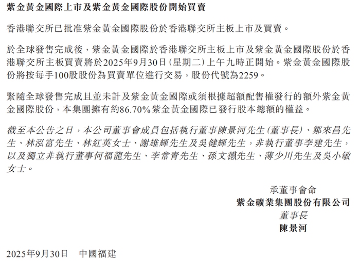紫金矿业公告截图