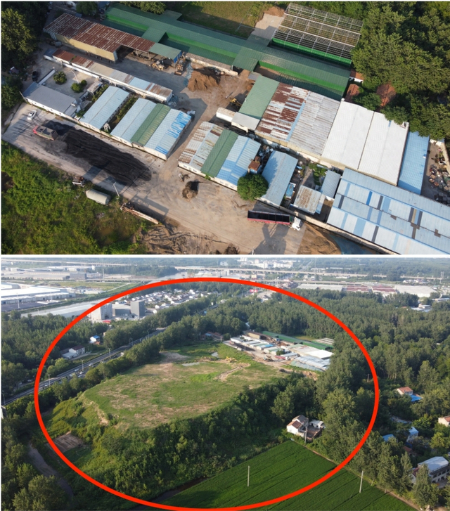 淮安鸿扬农业科技有限公司的工厂和旁边数十亩遗留建筑垃圾堆放地。本文图片均由 澎湃新闻影子调查队 摄