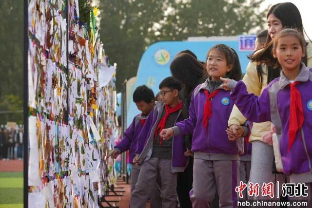 图为任丘市第八实验小学，学生和家长共同参观感恩主题手工作品展。 韩慧峰 摄
