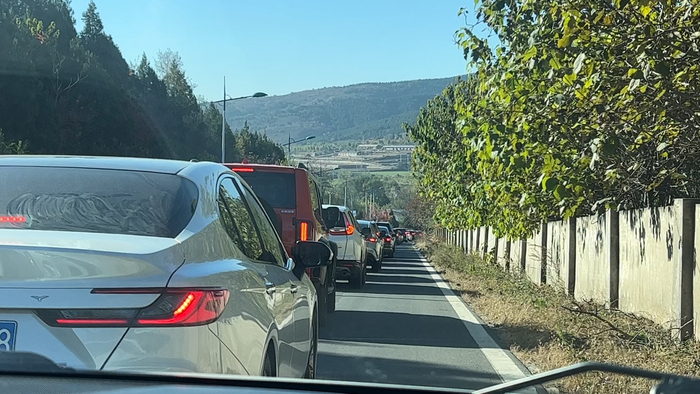 11月2日上午10时左右，前往景区1号停车场的道路也排起了长队。新京报记者 刘婧瑜 摄