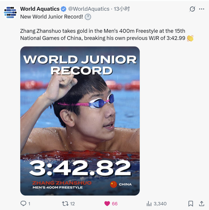 张展硕夺冠并打破纪录后,世界泳联在社交媒体上发文祝贺(网页截图)。