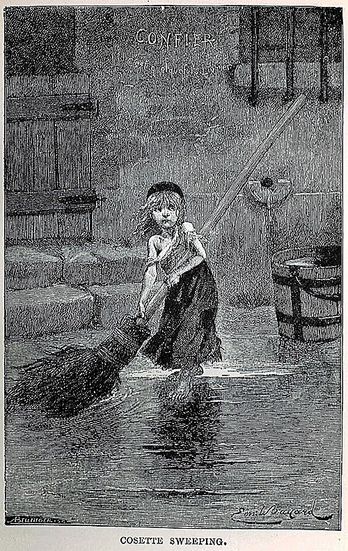 芳汀的女儿珂赛特，画像出自雨果1862年的原著，是由艾密尔·贝亚德（1837年－1891年）所绘制的插图。
