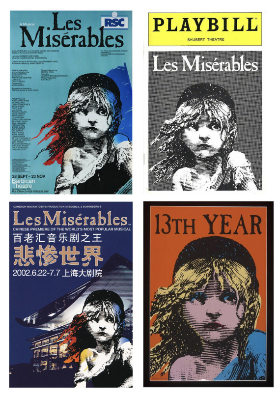 1985年伦敦初版及全球多个制作版本的海报，均使用上述珂赛特画像作为主要元素。