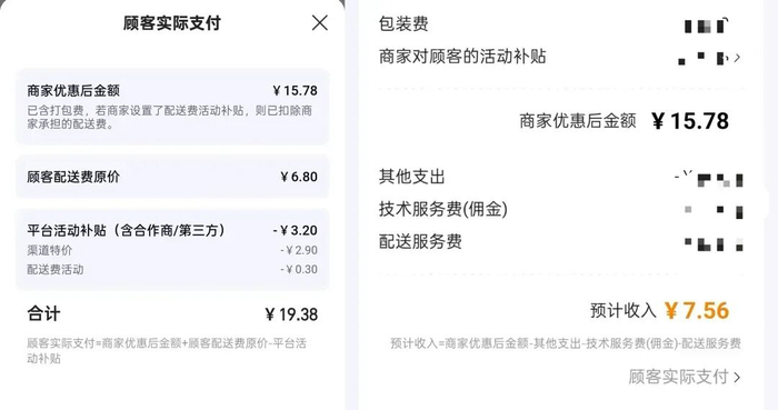 一份外卖订单的到手价，只有支付价的50%。图源：受访者