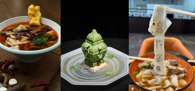 图为“长信宫灯”板面、皿方罍慕斯蛋糕、甲骨文面。图片来源：社交平台