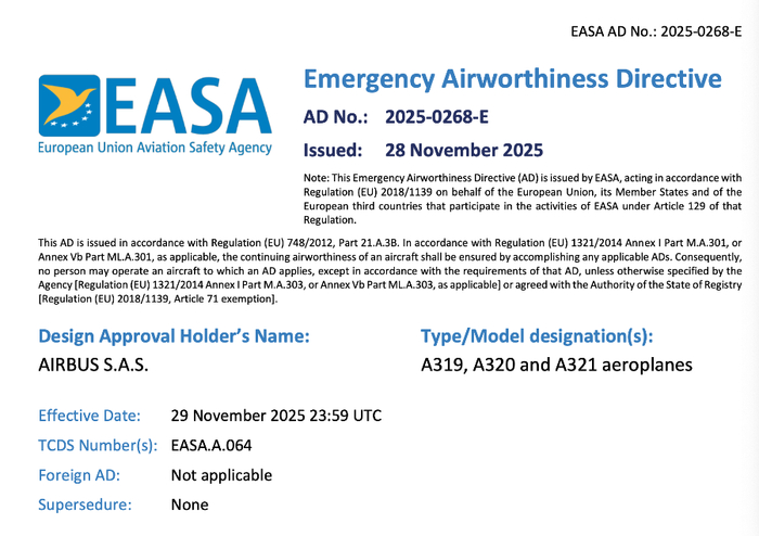 空客A320紧急适航指令