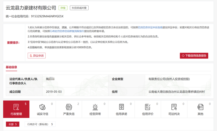 信用中国显示，涉事企业已被标注为失信惩戒对象。
