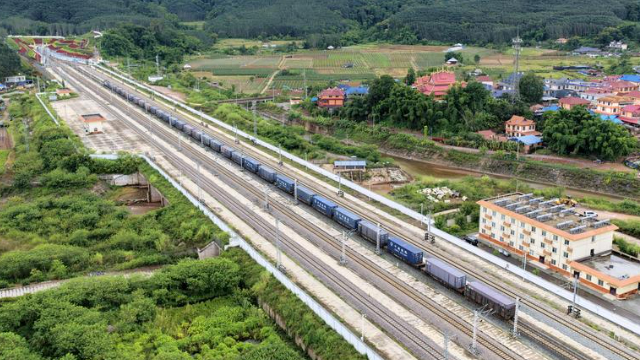 图为中老铁路上的货运列车在磨憨站通过 新华社图