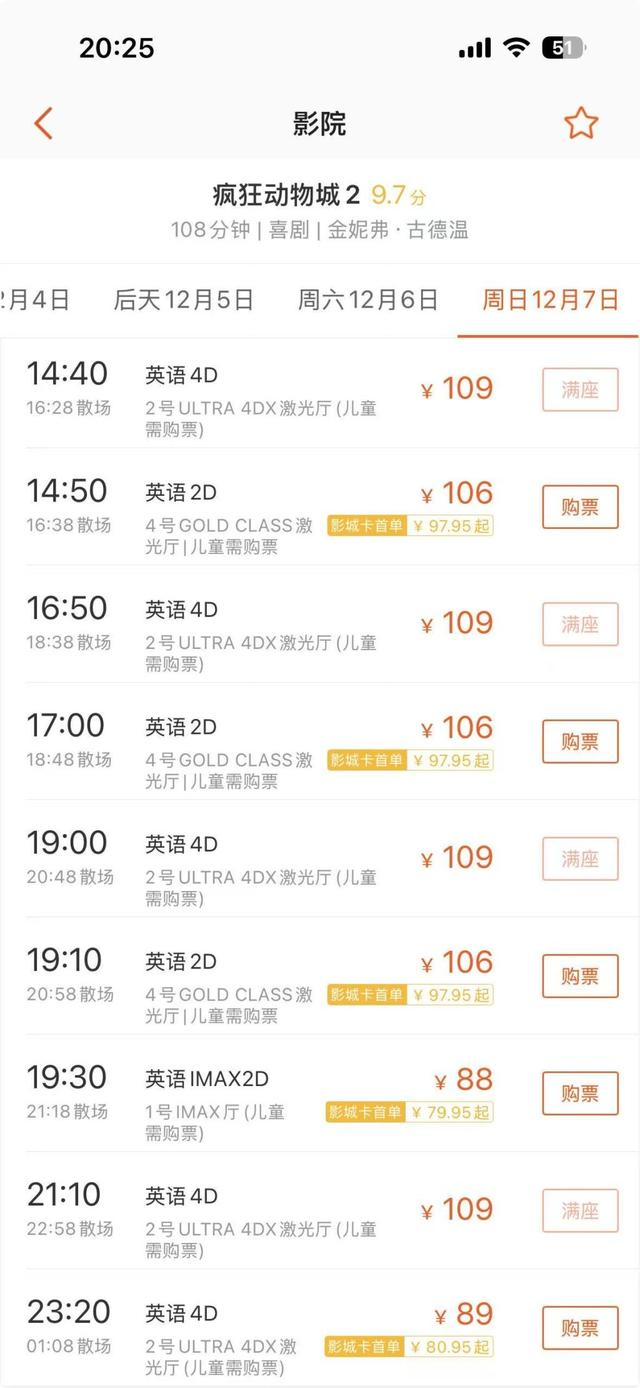 CGV影城（白玉兰广场IMAX店）12月7日仅剩深夜的4D场次可购票，其余时间段均已满座 网络截图