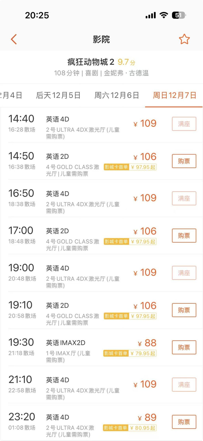 CGV影城（白玉兰广场IMAX店）12月7日仅剩深夜的4D场次可购票，其余时间段均已满座&nbsp;网络截图