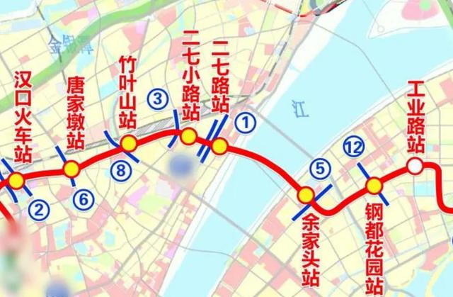 武汉地铁10号线一期工程（汉口火车站至工业路站区段）线路走向示意图。