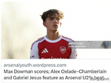 阿森纳青训爆发！15岁道曼破门+13岁穆尼奥斯1球2助