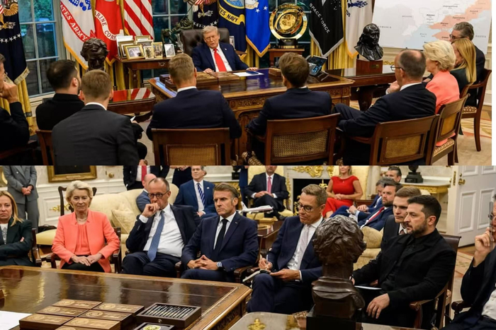 欧洲领导人们坐成一排，听特朗普发言。 图自白宫