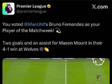 恭喜费尔南德斯赢得英超本轮最佳球员 曼联4-1狼队比赛中，2球1助攻