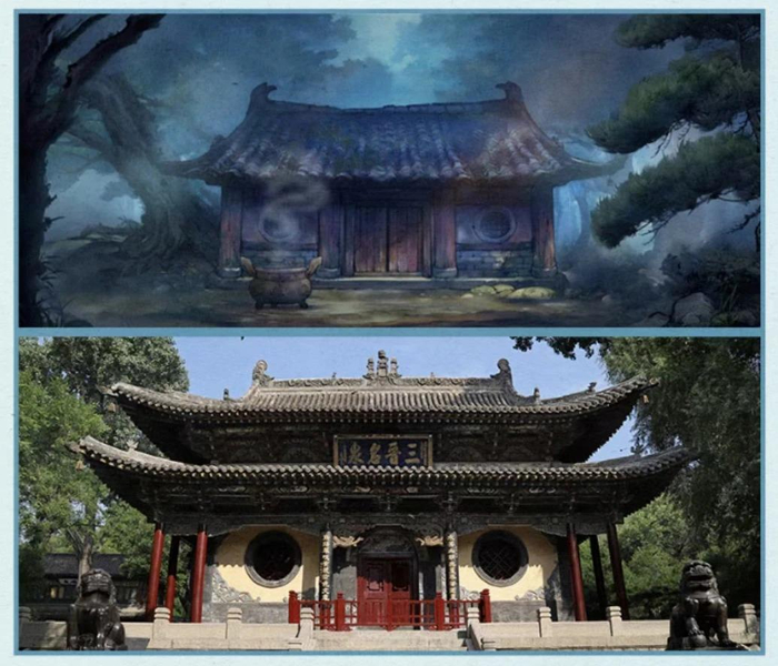 △上图为电影画面，下图为太原晋祠水镜台