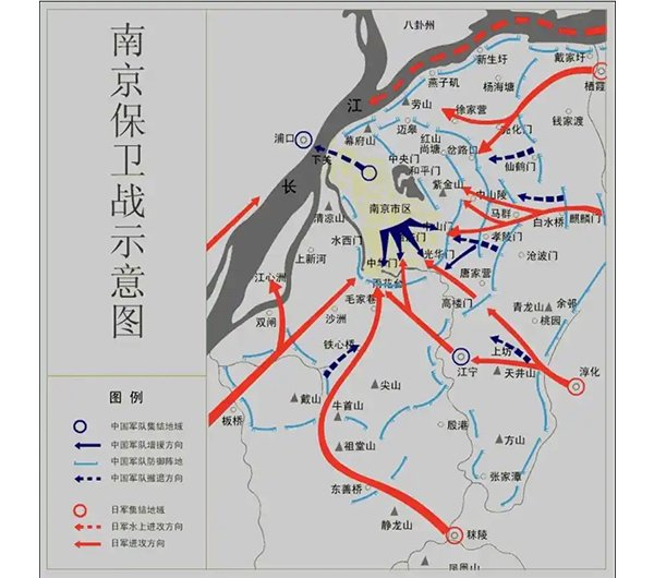 南京保卫战示意图，显示了日军分多路进逼南京的态势。